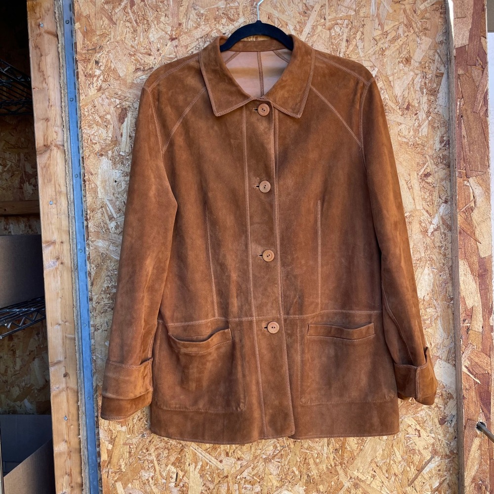 Vera Pelle Reversible Leather Suede Jacket Womens 16 Tan Cognac Made in Italy - Picture 3 of 9